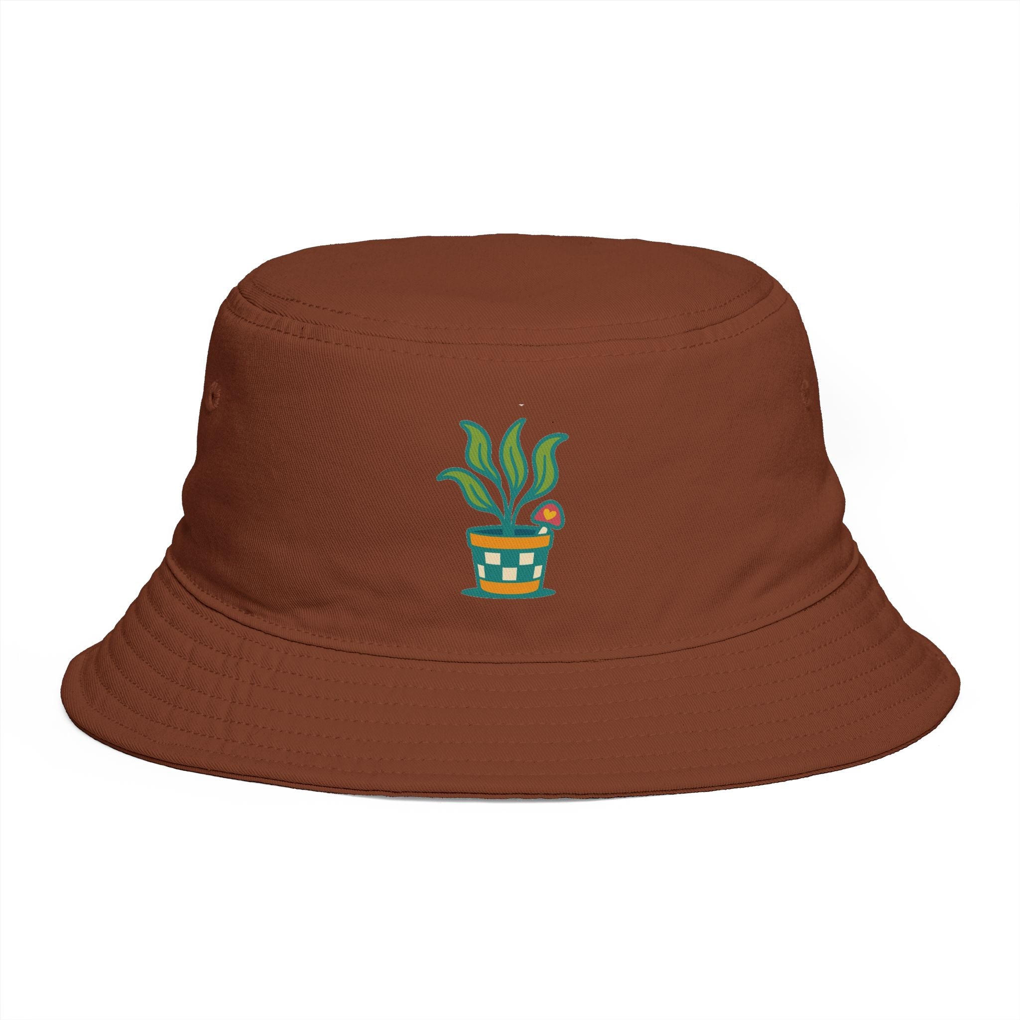 Brown Bucket Hat with Potted Plant Embroidery – Cute Botanical Sun Hat for Gardeners & Plant Lovers