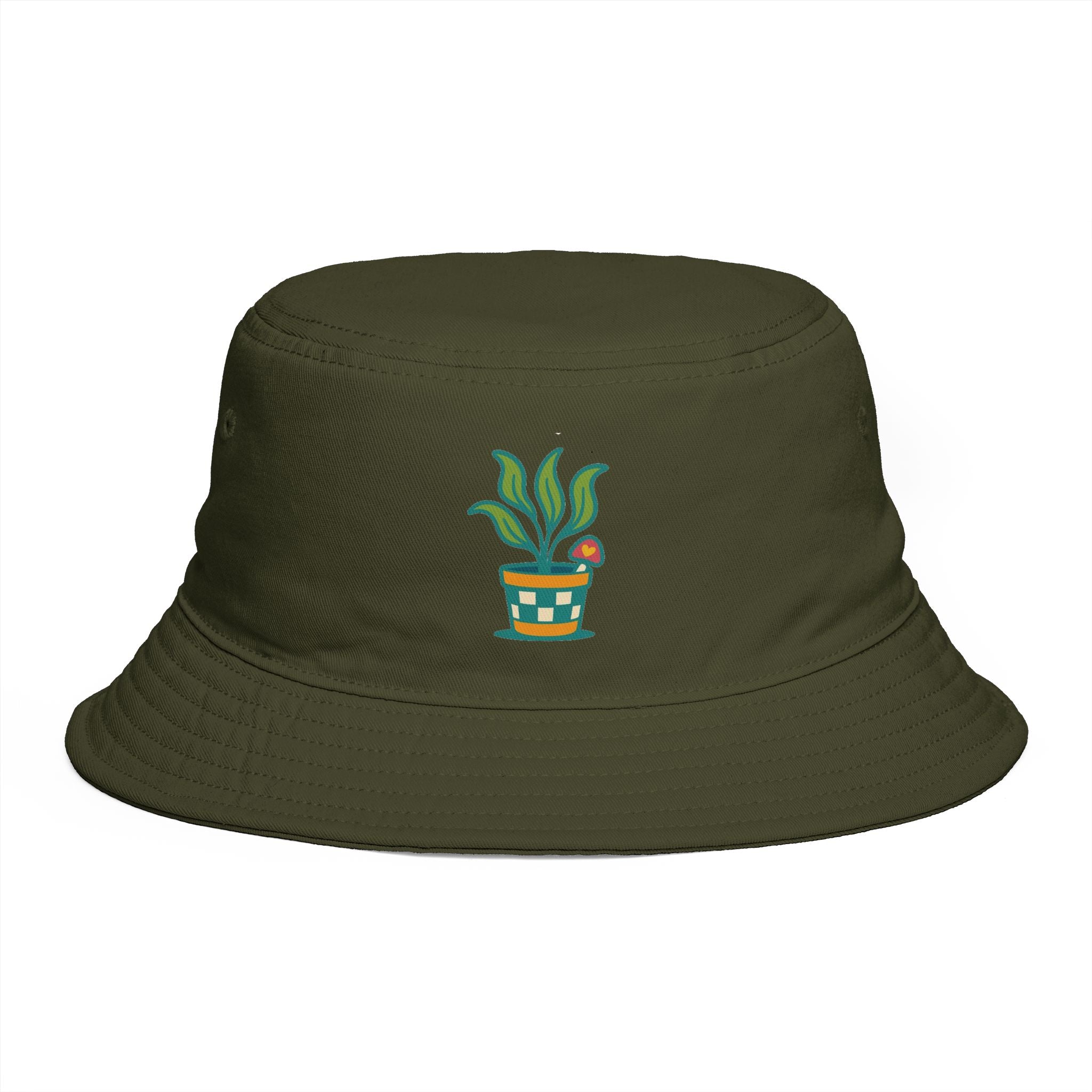 Brown Bucket Hat with Potted Plant Embroidery – Cute Botanical Sun Hat for Gardeners & Plant Lovers
