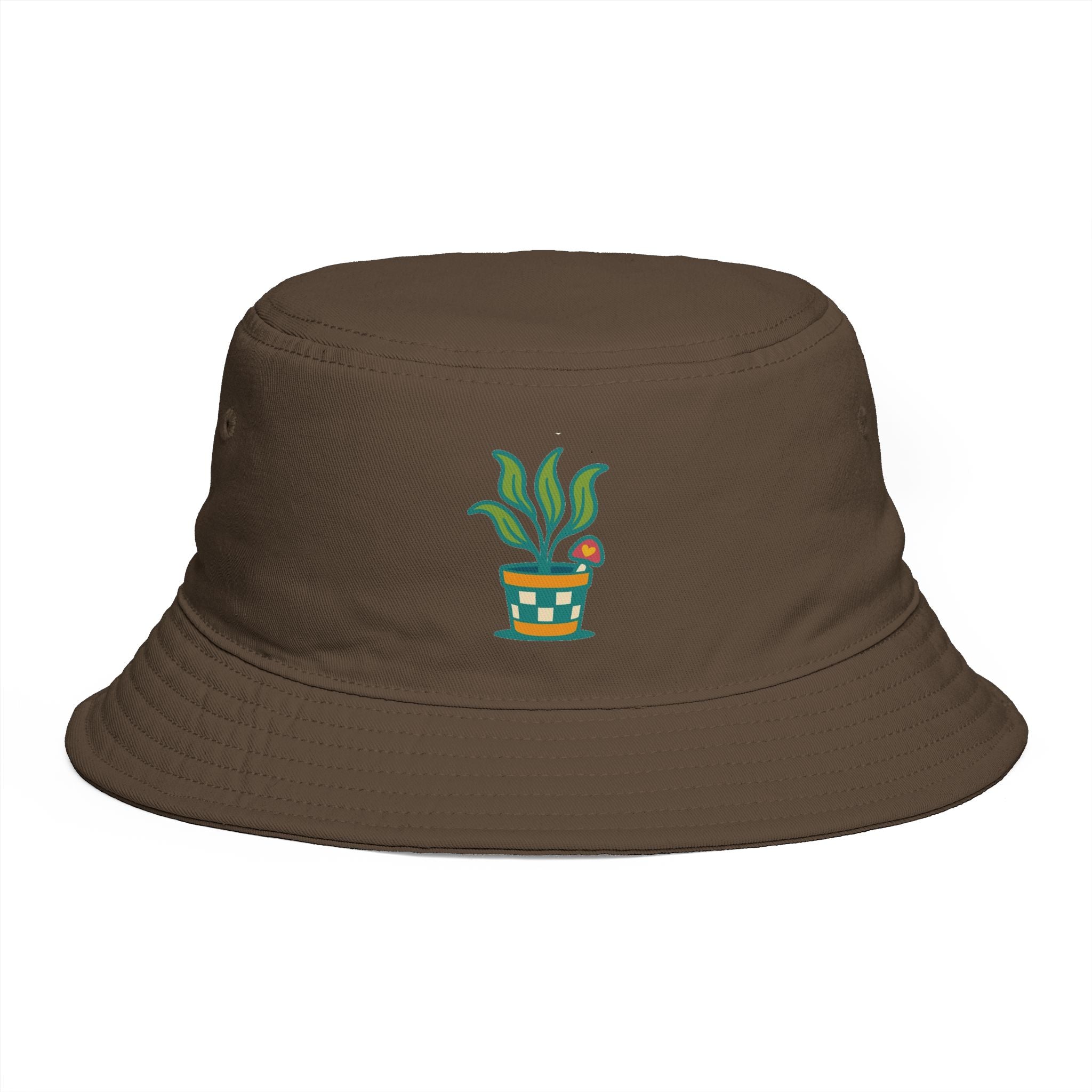 Brown Bucket Hat with Potted Plant Embroidery – Cute Botanical Sun Hat for Gardeners & Plant Lovers